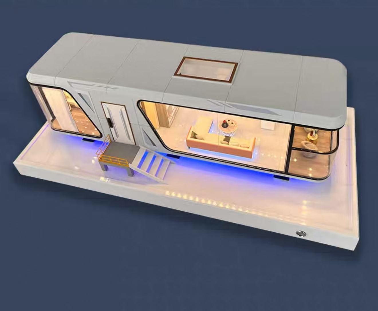 Space capsule house interior and facade
